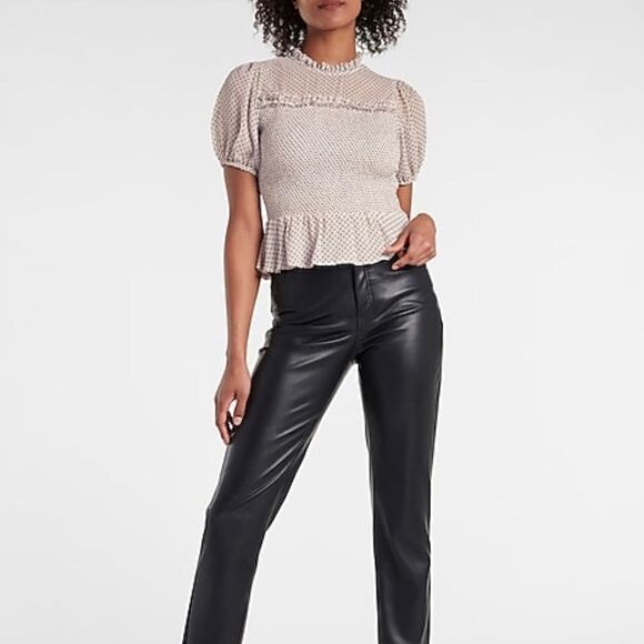 Express Light Blush Pink Dot Peplum Cropped Puff Sleeve Top - Picture 2 of 8